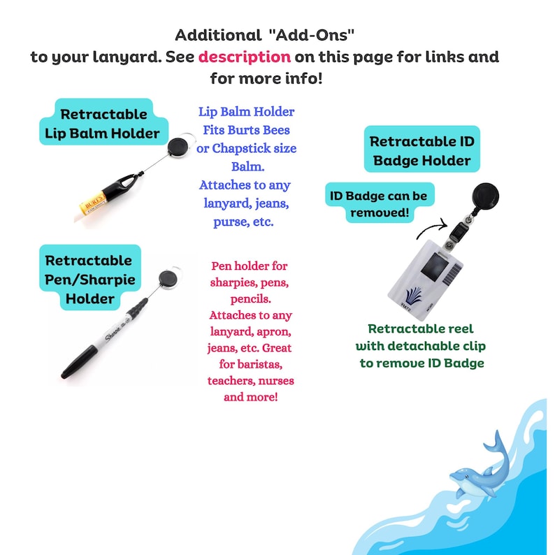 The image is a promotional graphic for a product called "Add-Ons" for a lip balm holder, ID badge holder, and pen holder. It features a lip balm holder, a retractable ID badge holder, and a retractable pen/shARPIE holder. The image includes descriptions of the products and a visual of a pen/shARPIE holder.