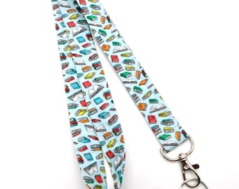 Lanyard with Books, Bookish Librarian Lanyard for Keys and ID Badge, Library Key Holder,  Language Arts Lanyard,  Option Breakaway Lanyard