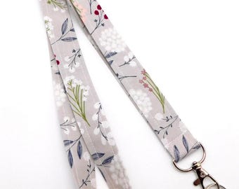 Schlüsselband mit Waldblumenmotiv in neutralen Farbtönen / Blumenschlüsselband / Weiches, leichtes Schlüsselband mit Mohnblumenmuster / Schlüsselband für Lehrer