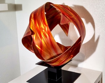 Modern Abstract Metal Outdoor Fire Sphere Sculpture Copper Amber "Synergy" by Dustin Miller