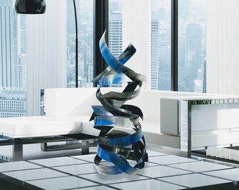 Modern Abstract Metal Art Freestanding Indoor Outdoor Table Sculpture - Blue Gray "Fury" by Dustin Miller