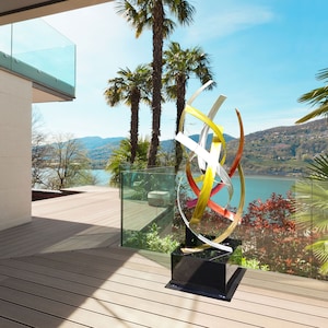 Tropical Contemporary Large Metal Outdoor Patio Sculpture Multicolored &quot;Ascension&quot; by Dustin Miller
