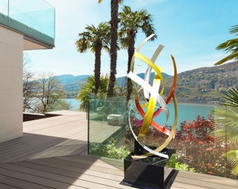 Tropical Contemporary Large Metal Outdoor Patio Sculpture Multicolored "Ascension" by Dustin Miller