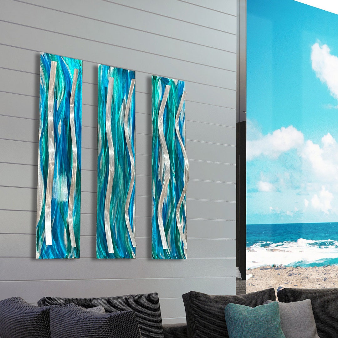 Modern Abstract Teal Aqua Blue Metal Wall Art Sculptures 3 Tides by