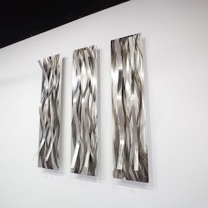 Modern Abstract Gray Silver Metal Wall Art Sculptures Relief Sculpture &quot;3 Tides&quot; by Dustin Miller