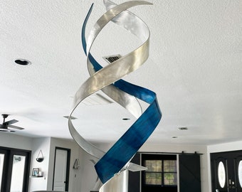 Modern Abstract Metal Sculpture Art Indoor Outdoor Blue Silver "Enigma" by Dustin Miller