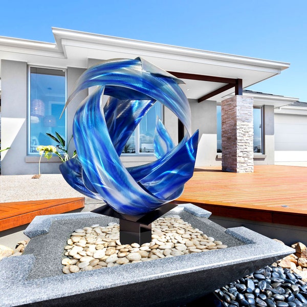 Contemporary Modern Abstract Metal Indoor Outdoor Orb Sculpture Blue "Synergy" by Dustin Miller