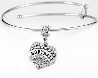 Softball Bracelet Crystal Heart Softball Bracelet Softball Player gift Softball Charm Softball jewelry