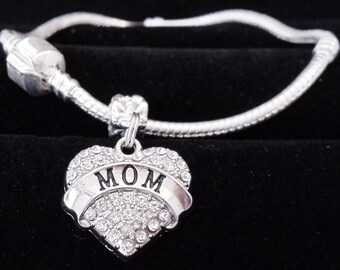Mom Bracelet: Rhinestone Heart Charm Bangle, USA Made