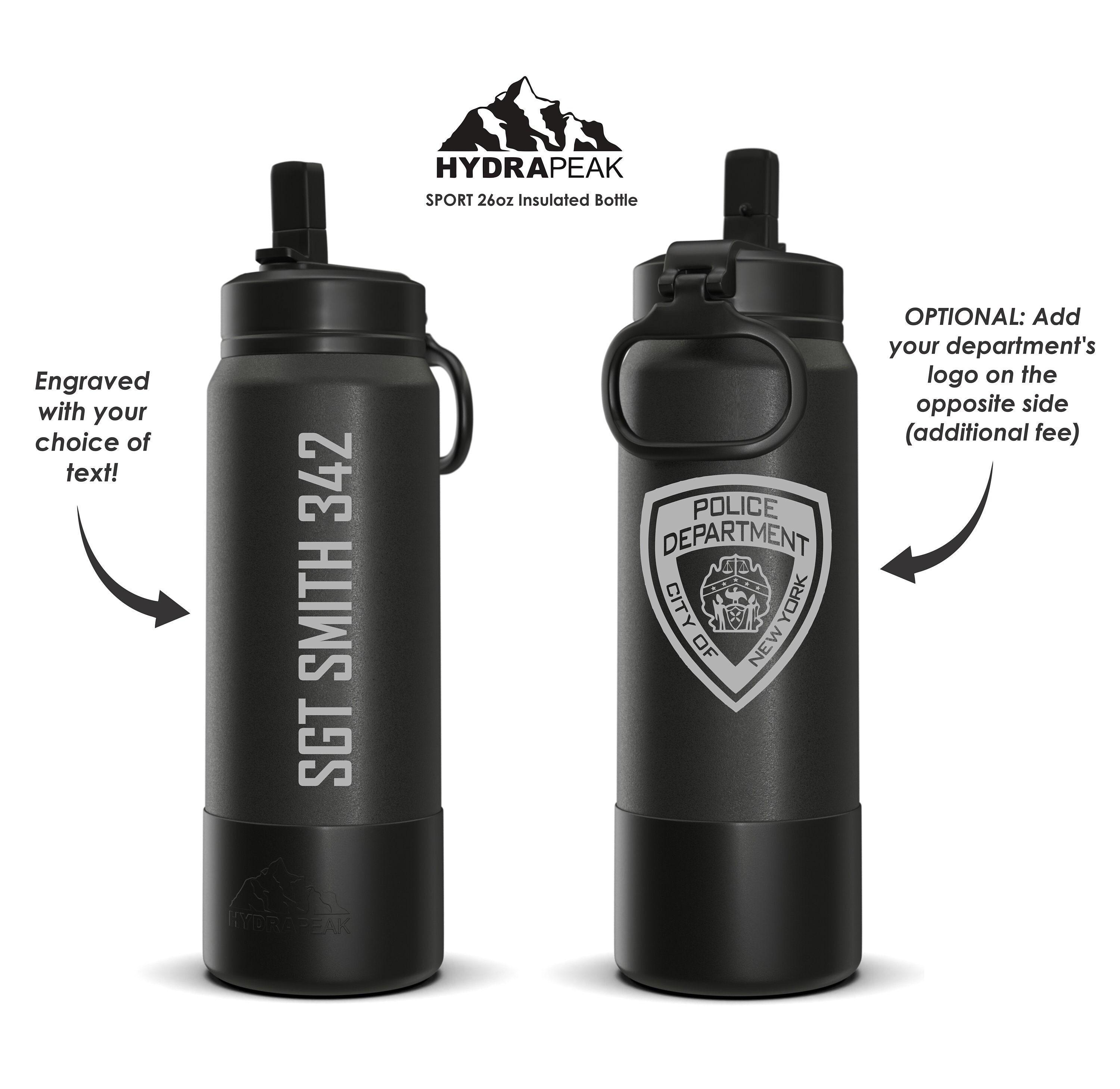 Engraved 26oz Hydrapeak Water Bottle for Police Officer, EMT, Firefighter 