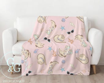 Coastal Cowgirl Velveteen Plush Blanket, Boho Western Throw, Soft Beachy Blanket, Cowgirl Aesthetic Home Decor, Cozy Gift for Her, College
