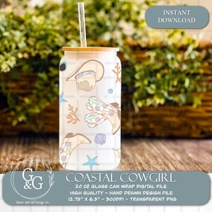 Coastal Cowgirl 20oz Glass Can wrap PNG,Muted Beach Western Digital Background,Cowgirl Aesthetic JPEG,Sublimation Design for Tumblers, UVDTF