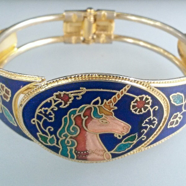 Gold tone Floral Cloissone Enamel Hinged Clamper Unicorn Bracelet, 1970s Costume Jewelry