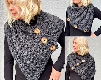 Hand knitted button scarf, chunky shawl, mini poncho in charcoal, shoulder wrap with 3 buttons, gift for mother, gift for girlfriend