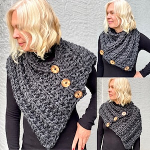 Hand knitted button scarf, chunky shawl, mini poncho in charcoal, shoulder wrap with 3 buttons, gift for mother, gift for girlfriend