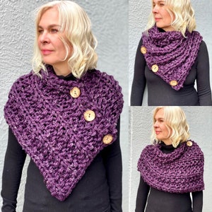 Hand knitted scarf, chunky shawl, neck warmer, mini poncho, shoulder wrap with 3 coconut buttons, gift for mother, gift for girlfriend