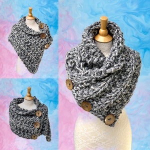 Chunky cowl neck scarf, neck warmer, shoulder wrap, 3 coconut buttons, hand knitted mini poncho, chunky cape, gift for girlfriend, mother