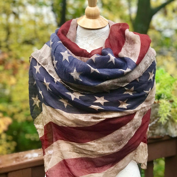 American Flag Scarf, vintage flag, aged flag, light fabric rectangular extra large shawl, patriotic gift