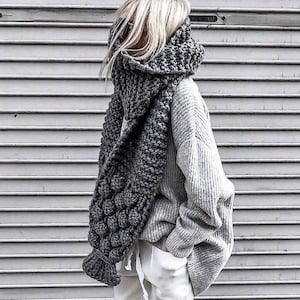 Luxurious super scarf, extra long hand knitted shawl, shoulder wrap, neck warmer puff pom pom scarf, CUSTOM COLORS, gift for girlfriend