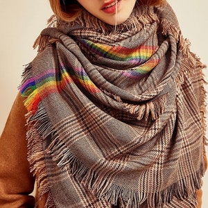 Blanket tartan scarf, plaid shawl, brown and rainbow, freedom flag shawl, gift for her, SHIPS TODAY