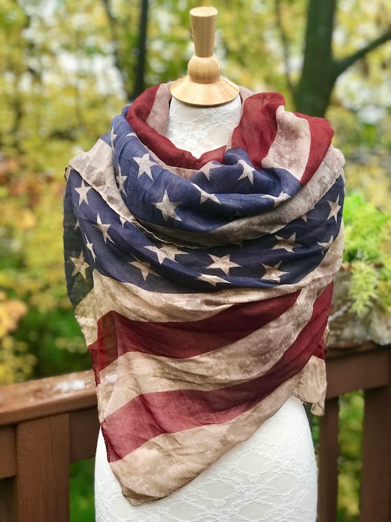 American Flag Scarf Shawl, Vintage, Aged Flag, Light Weight, Semi