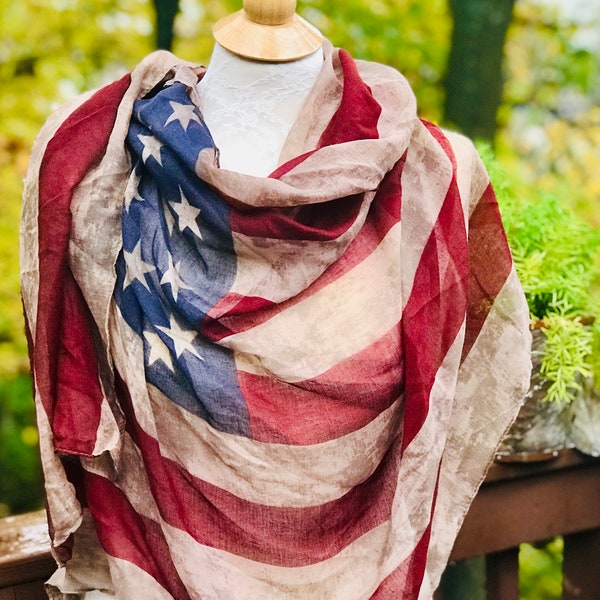 American Flag Scarf Shawl, vintage, aged flag, light fabric rectangular extra large shawl, patriotic gift, Independence day