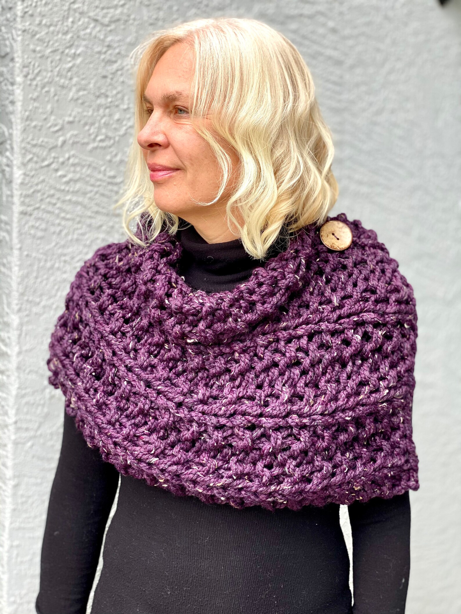 Hand Knitted Button Scarf, Chunky Shawl, Mini Poncho in Black, Shoulder ...