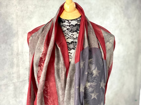 American Flag Scarf Shawl, Vintage, Aged Flag, Light Weight, Semi