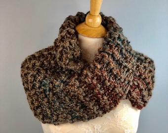 Outlander cowl, chunky scarf in brown and teal, hand knitted cowl, circular scarf with a twist, gift for Outlander fan, mom, her