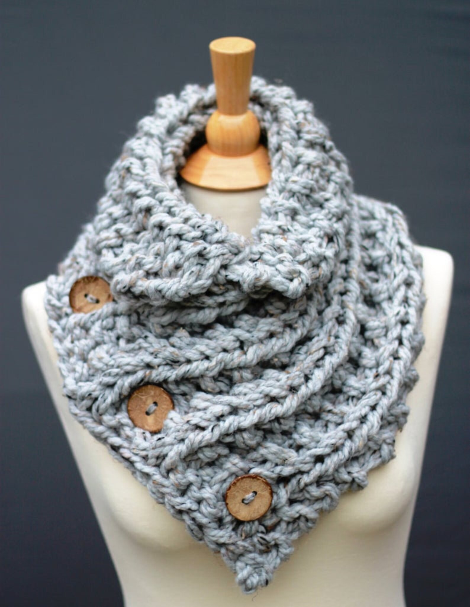 Hand Knitted Button Scarf, Chunky Shawl, Mini Poncho in Black, Shoulder ...