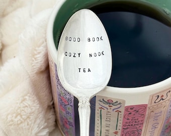 hand stamped silver spoon - good book, cozy nook, tea - vintage teaspoon