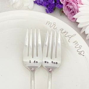 Hand Stamped Vintage Wedding Forks - I do and Me too forks with dated handles,  cake forks, dessert forks, engagement gift