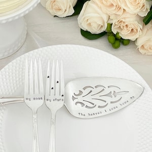 Celestial Wedding, Cake Serving Set - my moon & my stars - the heaven I come home to, vintage wedding keepsake, hand stamped