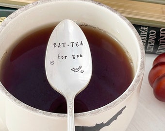 Bat-tea For You - Halloween tea spoon,  hand stamped vintage teaspoon, vintage Halloween