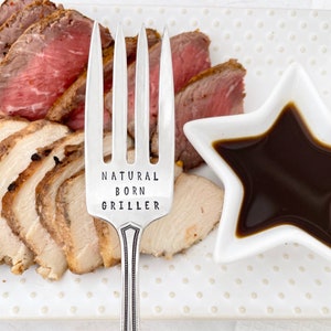 Natural Born Griller.   Hand stamped vintage serving fork,   BBQ serving pieces, personalized grill tools  Summer tableware