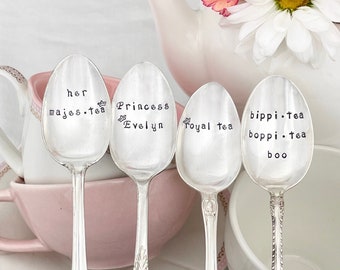 Princess tea party,  hand stamped teaspoons,  personalized tea party favors, royal tea, her majesty, bippi tea boppi tea boo