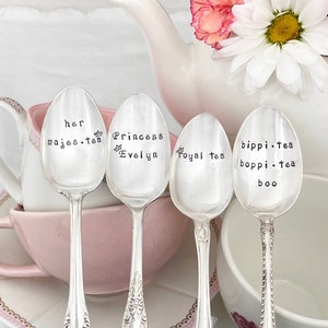 Princess tea party,  hand stamped teaspoons,  personalized tea party favors, royal tea, her majesty, bippi tea boppi tea boo