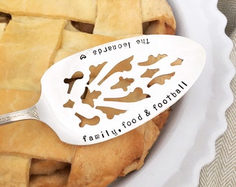 Hand stamped vintage pie server - Family, Food, and Football,  Thanksgiving serving, dessert server, superbowl party,