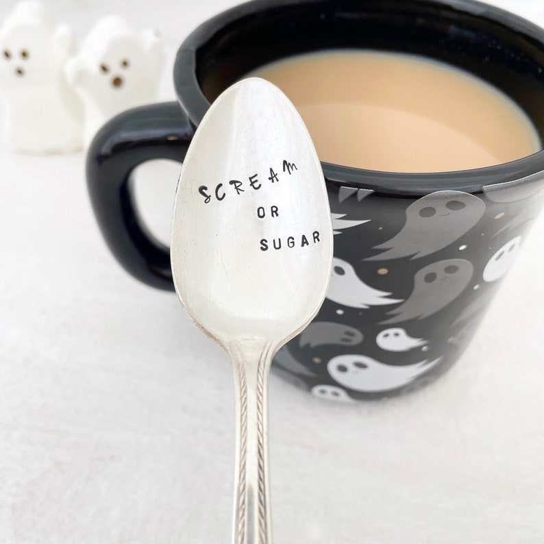 Scream or Sugar Halloween coffee spoon, hand stamped vintage teaspoon, Halloween coffee bar, kitchen kitsch image 1