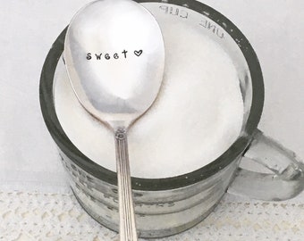 Vintage sugar spoon - sweetheart gift - hand stamped vintage silverplate