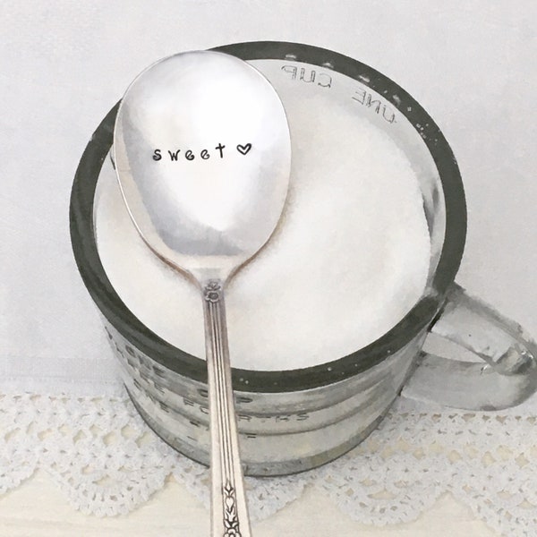 Vintage sugar spoon - sweetheart gift - hand stamped vintage silverplate