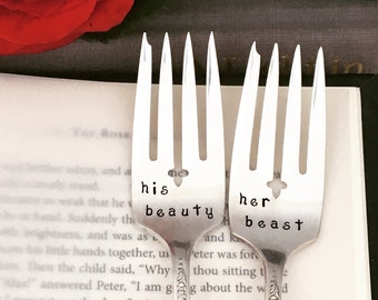 Hand Stamped Wedding Forks - His Beauty, Her Beast, Beauty and the Beast    fairytale wedding, enchanted rose, wedding keepsake