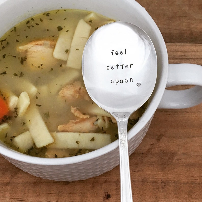 hand stamped vintage silverware chronic illness Feel Better Spoon recovery care package Get well gift encouragement,