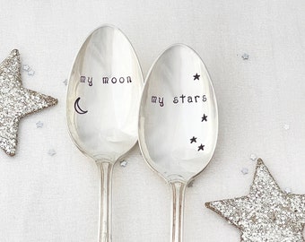 My moon & My stars - hand stamped vintage spoons, wedding spoons, anniversary gift, valentine, celestial wedding