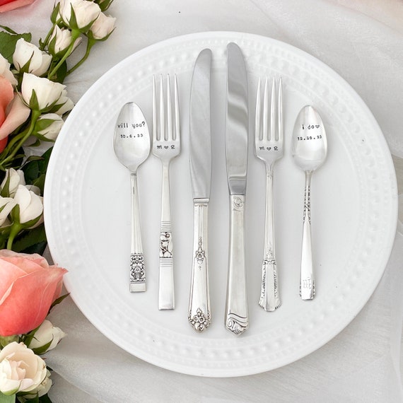 Hand Stamped Wedding Silverware Place Setting Personalized Wedding Keepsake Etsy
