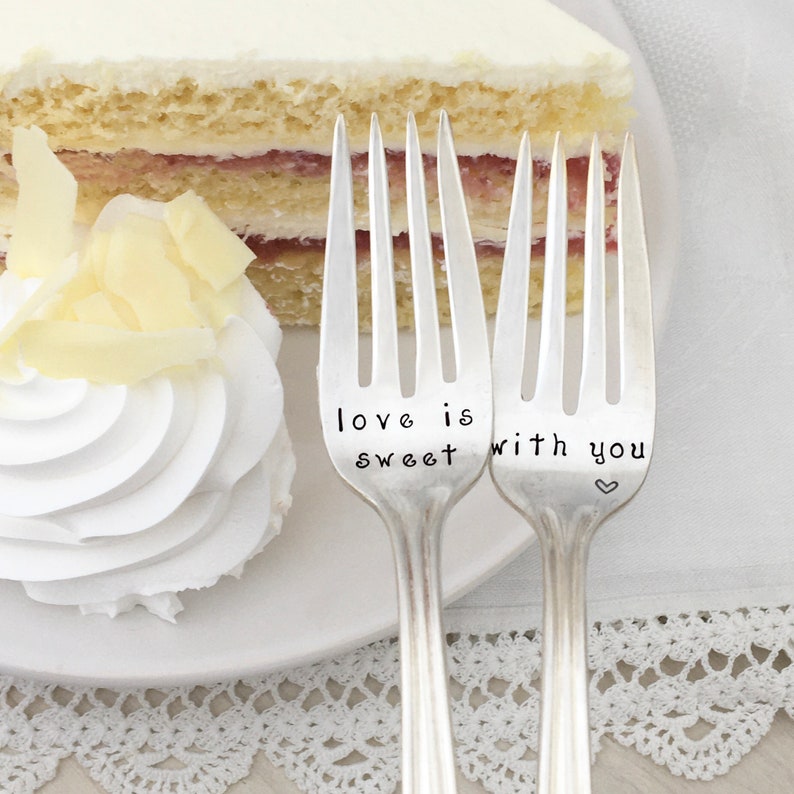 Love is sweet with you. Dessert forks, cake forks, wedding, anniversary gift image 1