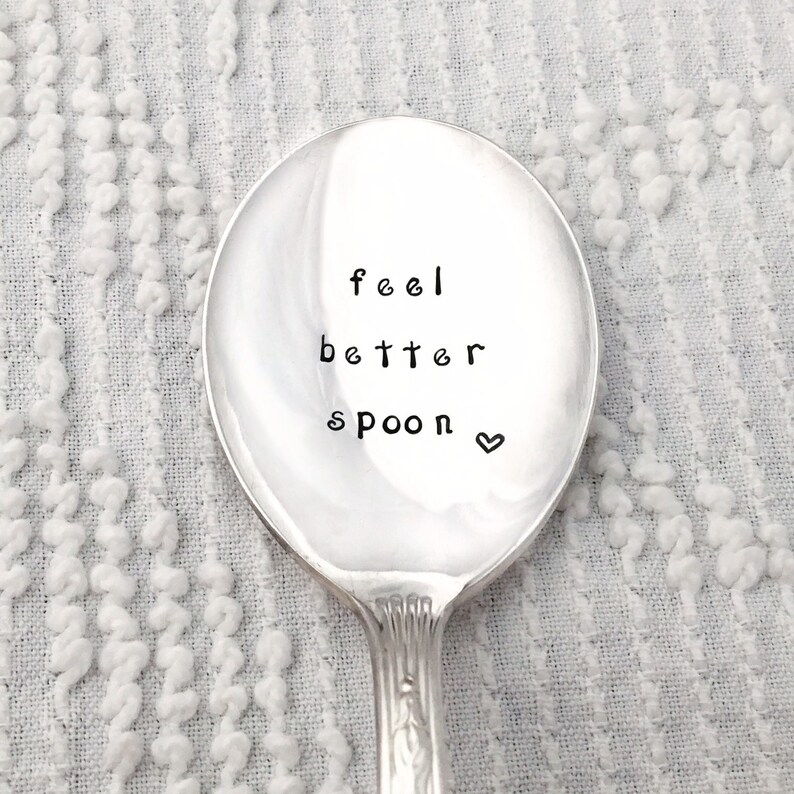 hand stamped vintage silverware chronic illness Feel Better Spoon recovery care package Get well gift encouragement,