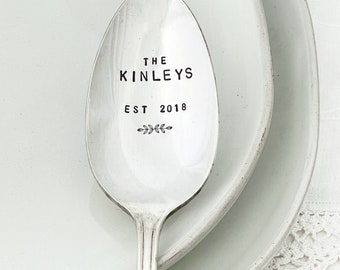 Hand Stamped Vintage Serving Spoon - Personalized with Family Name,  hostess gift, housewarming, vintage silverware