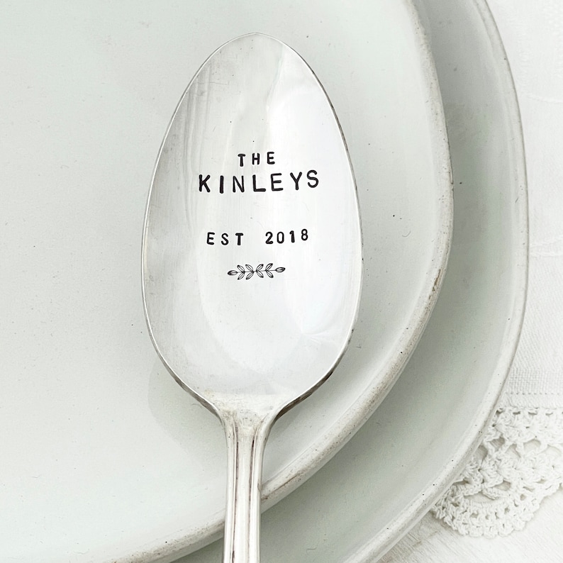 Hand Stamped Vintage Serving Spoon - Personalized with Family Name, hostess gift, housewarming, vintage silverware image 1
