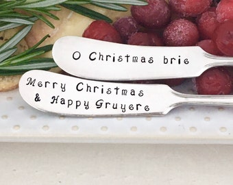 Vintage silver cheese spreaders - Oh Christmas Brie, Merry Christmas & Happy Gruyere, hand stamped spreaders, holiday hostess gift